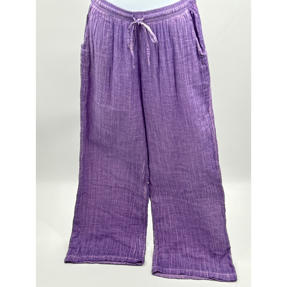 Zury Purple Cotton Gauze Wide Leg Pants Elastic Waist Drawstring 7140 One Size - Picture 2 of 9